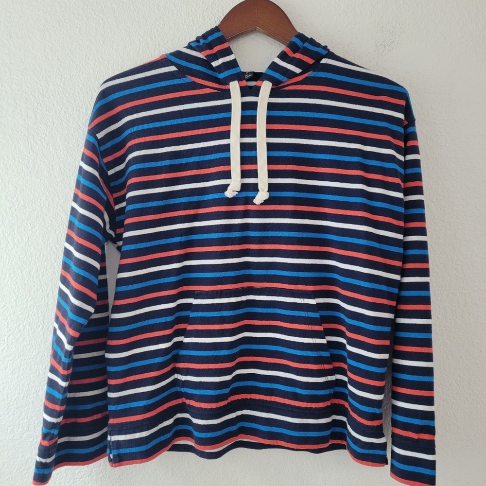 J. Crew Women's Wide Sleeve Navy Striped Mariner Cloth Hoodie Size S Preppy EUC
